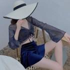 Set: Halter-neck Bikini Top + Swim Skirt + Long-sleeve Cover-up Top