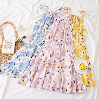 Ribbon-strap Flower-print Halter Dress
