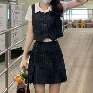 Short-sleeve Polo Shirt / Pinstriped Vest / Mini A-line Skirt