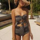 Printed Cut-out Strapless Swimsuit