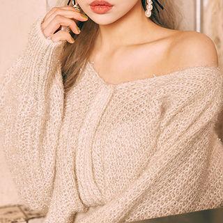 V-neck Puff-sleeve Glitter Sweater