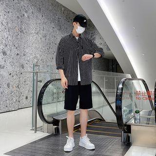 Elbow-sleeve Striped Shirt / Short-sleeve Lettering T-shirt / Plain Shorts / Sneakers / Set