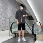 Elbow-sleeve Striped Shirt / Short-sleeve Lettering T-shirt / Plain Shorts / Sneakers / Set