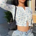 Floral Button Long-sleeve Cropped T-shirt