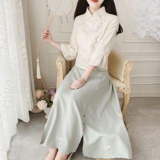 Set: 3/4-sleeve Qipao Top + Midi A-line Skirt
