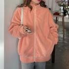 Plain Fleece Zip-up Jacket Orangish Pink - One Size