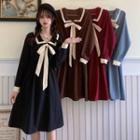 Long-sleeve Bow-accent Two-tone Dress