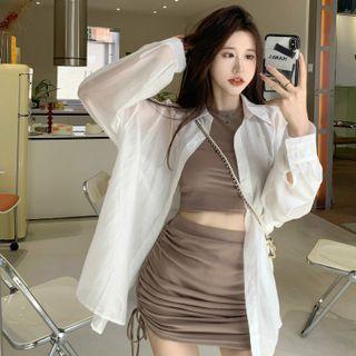 Set: Crop Tank Top + Mini Skirt / Details Tie-back Light Shirt