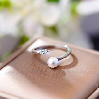 Rhinestone Faux Pearl Open Ring Silver - One Size