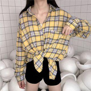 Long-sleeve Check Panel Shirt As Shown In Figure - One Size