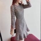 Long-sleeve Frill-trim Ruffle Hem Mini Tweed Dress