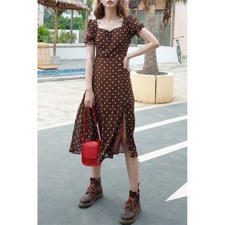 Puff-sleeve Dotted Midi A-line Dress Coffee - One Size