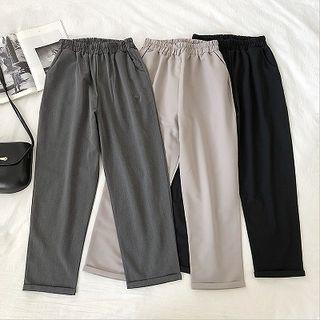 Plain Roll-up High-waist Wide-leg Pants