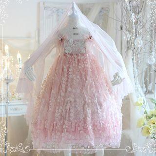 Spaghetti Strap Embellished Lolita Dress / 3/4-sleeve Lace Top / Set