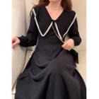 Long-sleeve Beaded Wide Collar Knit Midi A-line Dress