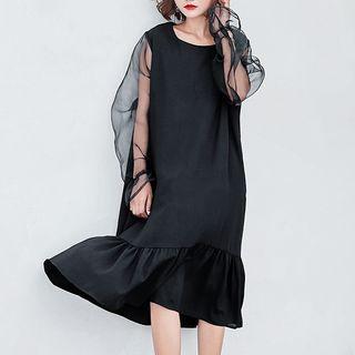 Mesh Panel Long Sleeve Midi Dress