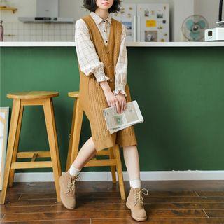Long-sleeve Frill Trim Plaid Shirt / Sleeveless Buttoned Cable Knit Midi Dress