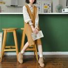 Long-sleeve Frill Trim Plaid Shirt / Sleeveless Buttoned Cable Knit Midi Dress