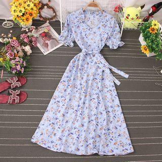 Short-sleeve Floral Tie-waist Midi A-line Dress