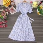 Short-sleeve Floral Tie-waist Midi A-line Dress