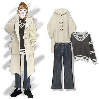 V-neck Sweater / Boot Cut Jeans / Hooded Coat
