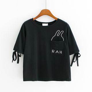 Rabbit Print Pocketed Lace-up Short-sleeve T-shirt