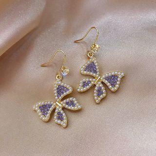 Faux Pearl Rhinestone Butterfly Dangle Earring 1 Pair - E2478 - Purple - One Size
