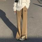 High-waist Drawstring Slit Pants Khaki - One Size