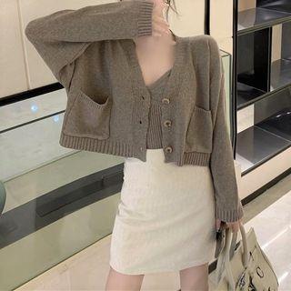 Spaghetti Strap Crop Top / Cropped Cardigan / Mini Skirt