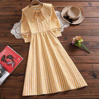 Long-sleeve Peter Pan-collar Plaid A-line Dress