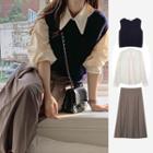 Plain Shirt / Sweater Vest / Pleated Midi A-line Skirt