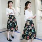 Set: Perforated 3/4 Sleeve Top + Butterfly Print A-line Skirt