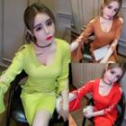 Lace-up Long-sleeve Rib Knit Dress