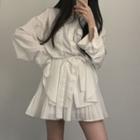 Long-sleeve Sashed Shirt / Mini A-line Skirt