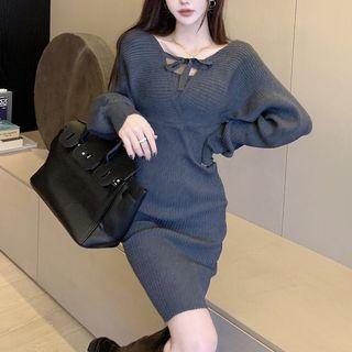 Long-sleeve Tie-front Knit Sheath Dress Dark Gray - One Size