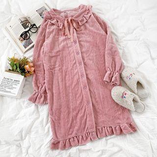 Long-sleeve Ruffle-trim Tie-neck Dress Pink - One Size