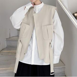 Plain Tie-waist Zip Vest