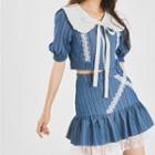 Short-sleeve Collared Pinstripe Lace-up Lace Top / Pinstripe Lace Short Skirt