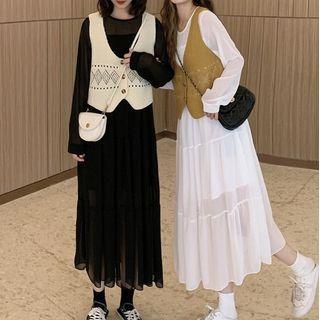 Crochet Knit Vest / Long-sleeve Midi Shift Dress