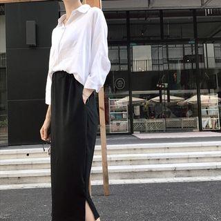 Long Sleeve Blouse / High Waist Slit-side Midi Skirt