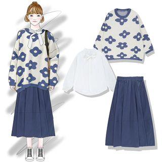 Bow Neck Shirt / Flower Sweater / Midi A-line Skirt