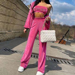 Set: Rhinestone Lettering Cropped Sweatshirt + High-waist Wide-leg Pants