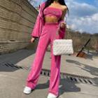 Set: Rhinestone Lettering Cropped Sweatshirt + High-waist Wide-leg Pants