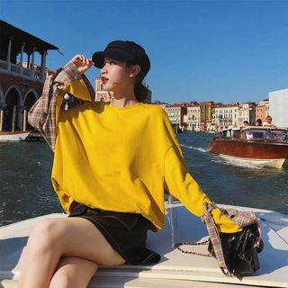 Plaid Sleeve Pullover Yellow - One Size