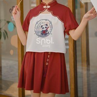 Short-sleeve High Neck Cartoon Print Top / Tasseled Mini Skirt