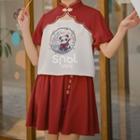 Short-sleeve High Neck Cartoon Print Top / Tasseled Mini Skirt