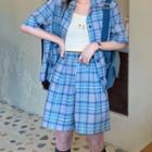 Short-sleeve Plaid Shirt / Shorts / Camisole Top