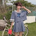 Set: Sailor Collar Elbow-sleeve Top + Pleated Mini Skirt