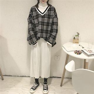 Plaid V-neck Loose Fit Pullover