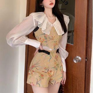 Lantern-sleeve Collared Chiffon Blouse / Print Vest / Shorts